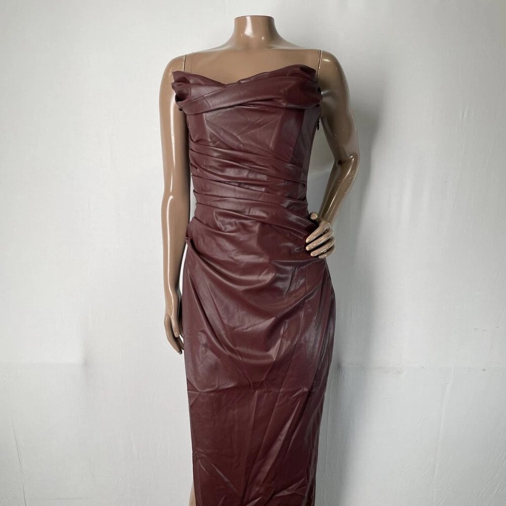 NEW BABYBOO Maxi Dress Burgundy Red Size M Alba Faux Leather Boned Cowl Neck - Picture 4 of 14
